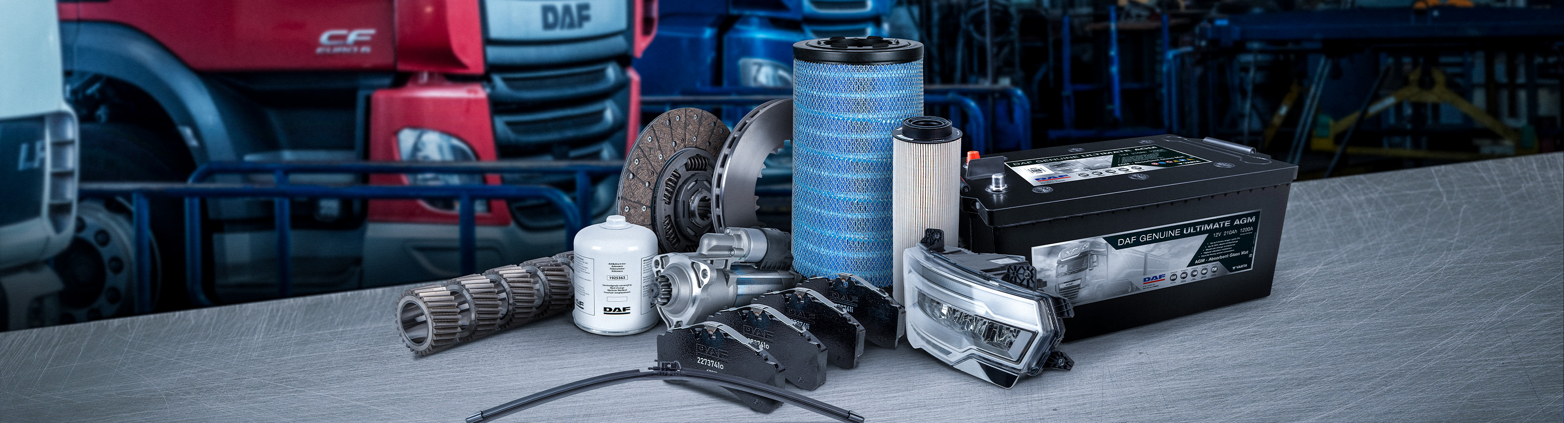 The full range of DAF Genuine Parts: Batteries, filters, lamps, brake discs, brake pads and more.